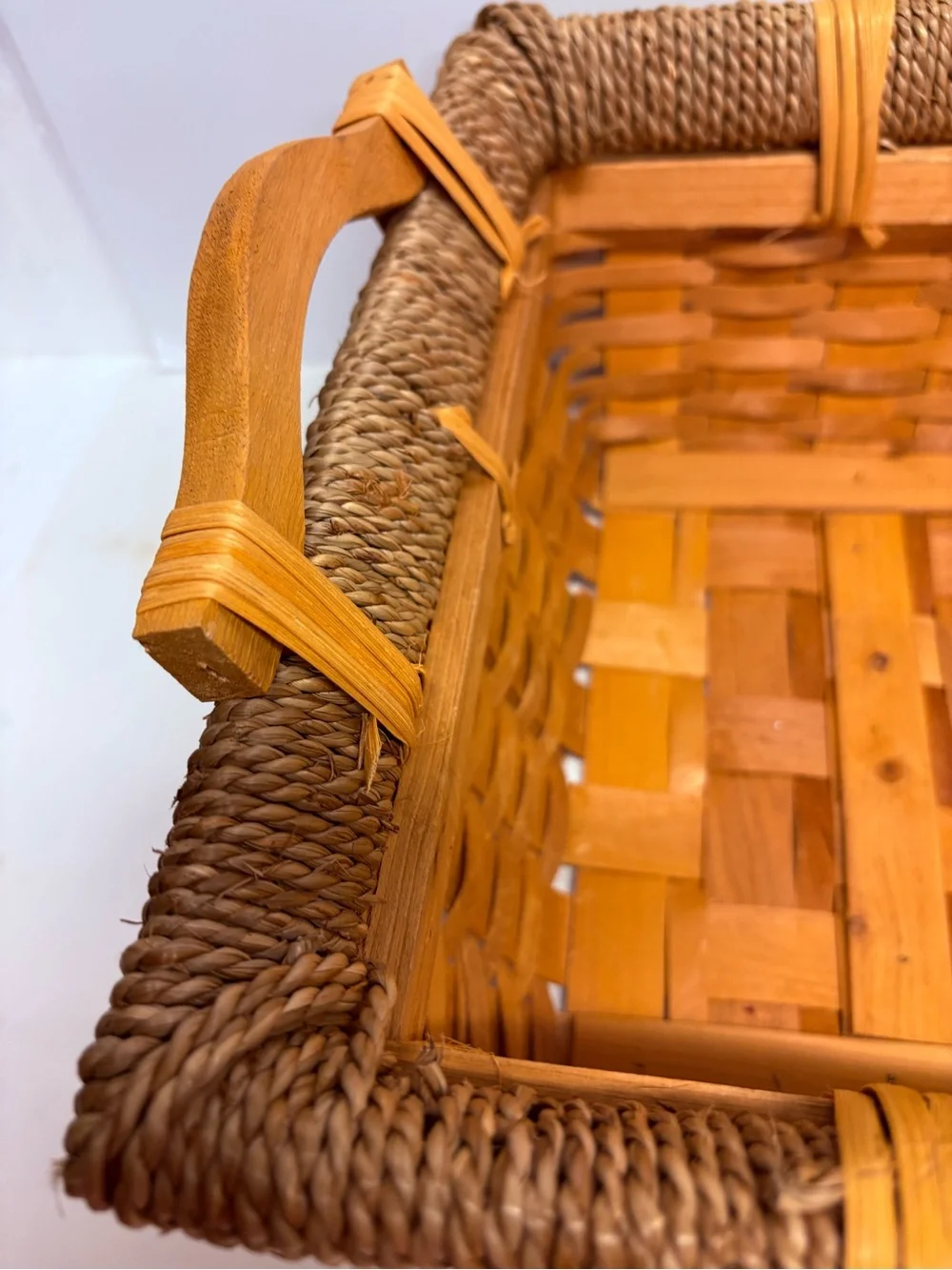 Harry & David Handwoven Rectangular Woven Basket in Natural Brown Wood Handles